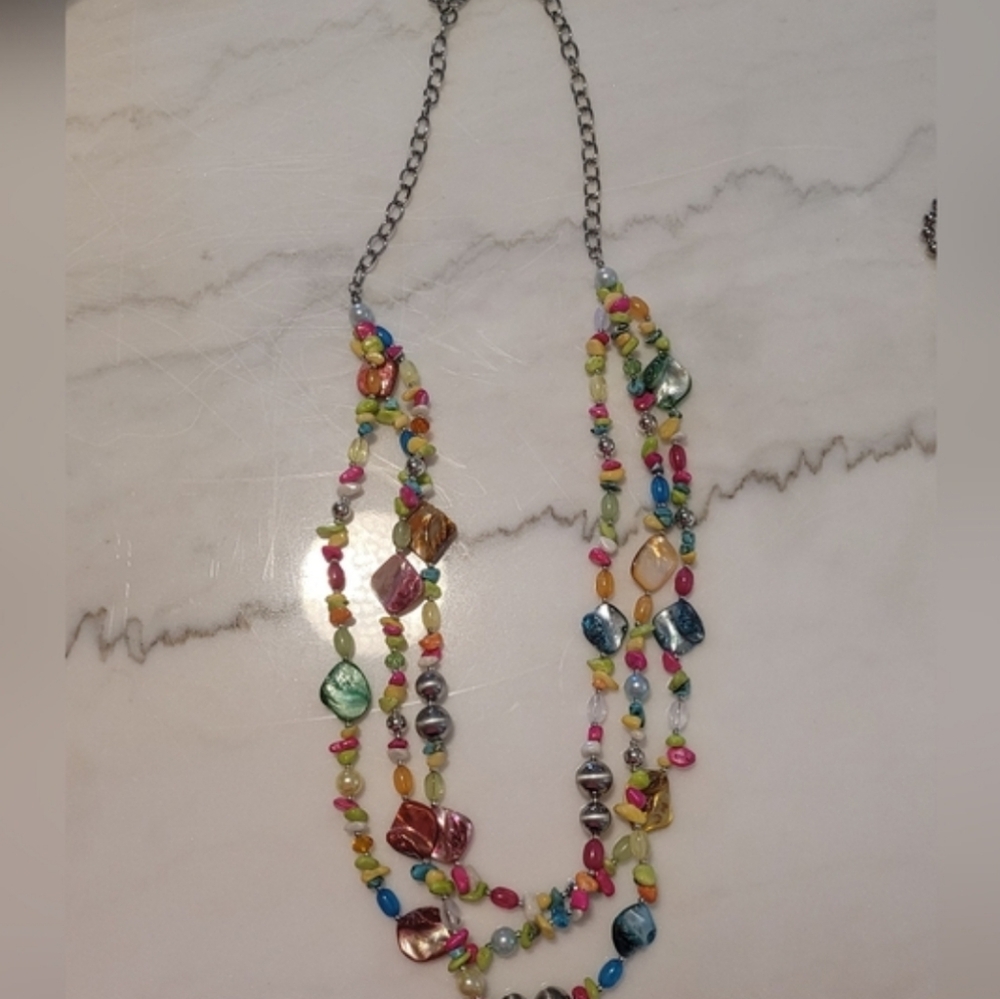 Smooth Stone Three Strand Chain Link Necklace In Pink, Blue, Yellow - Picture 6 of 7